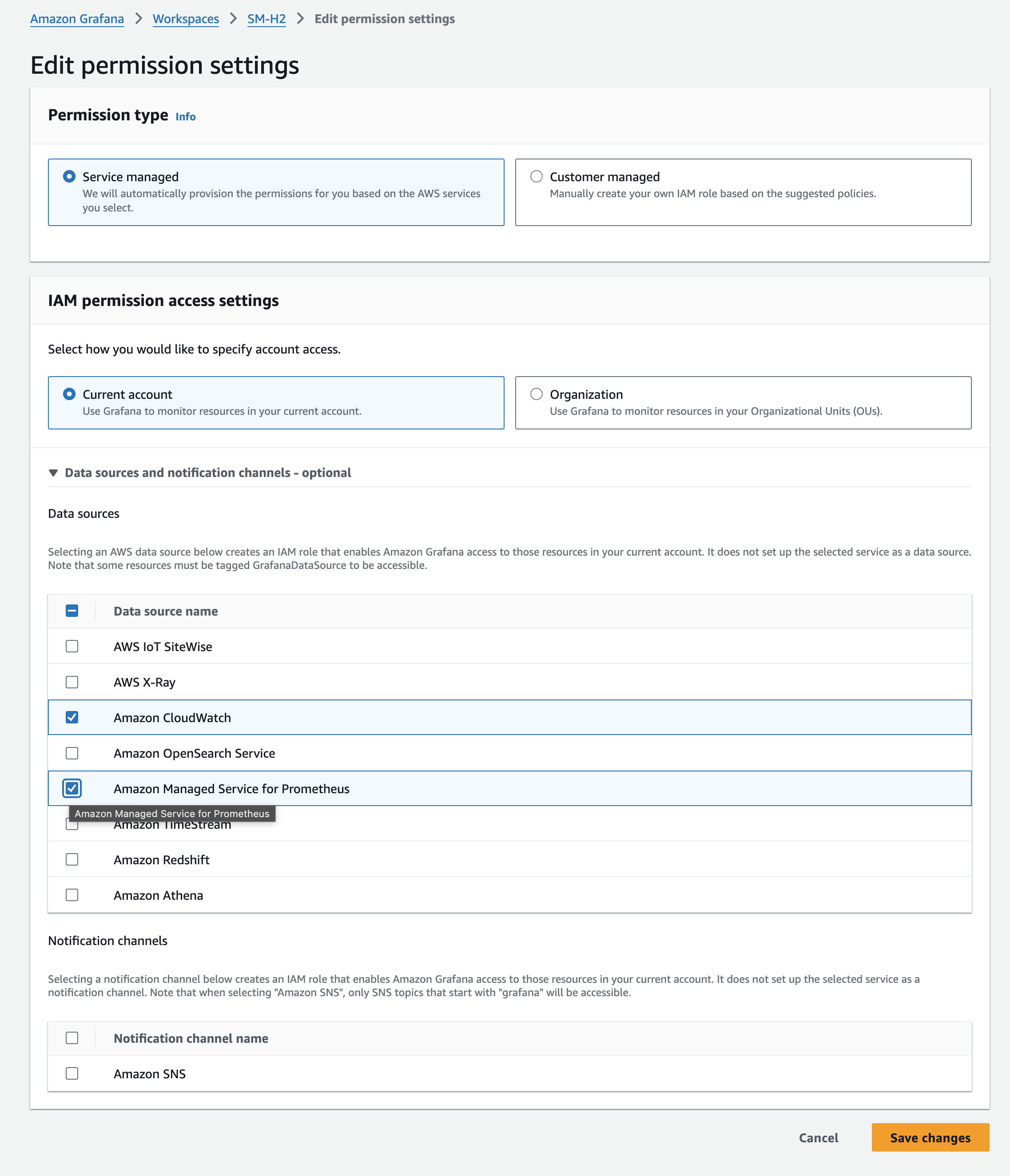 Amazon Managed Grafana data source configuration for SageMaker Inference PromQL.